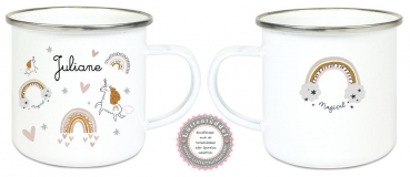 ♥ zauberhafte Tasse Emailletasse Becher Einhorn Regenbogen Wunschname, Einschulung KITA Dankeschön, Abschied, Jubiläum, Geschenk, Becher von Lüttentüddel